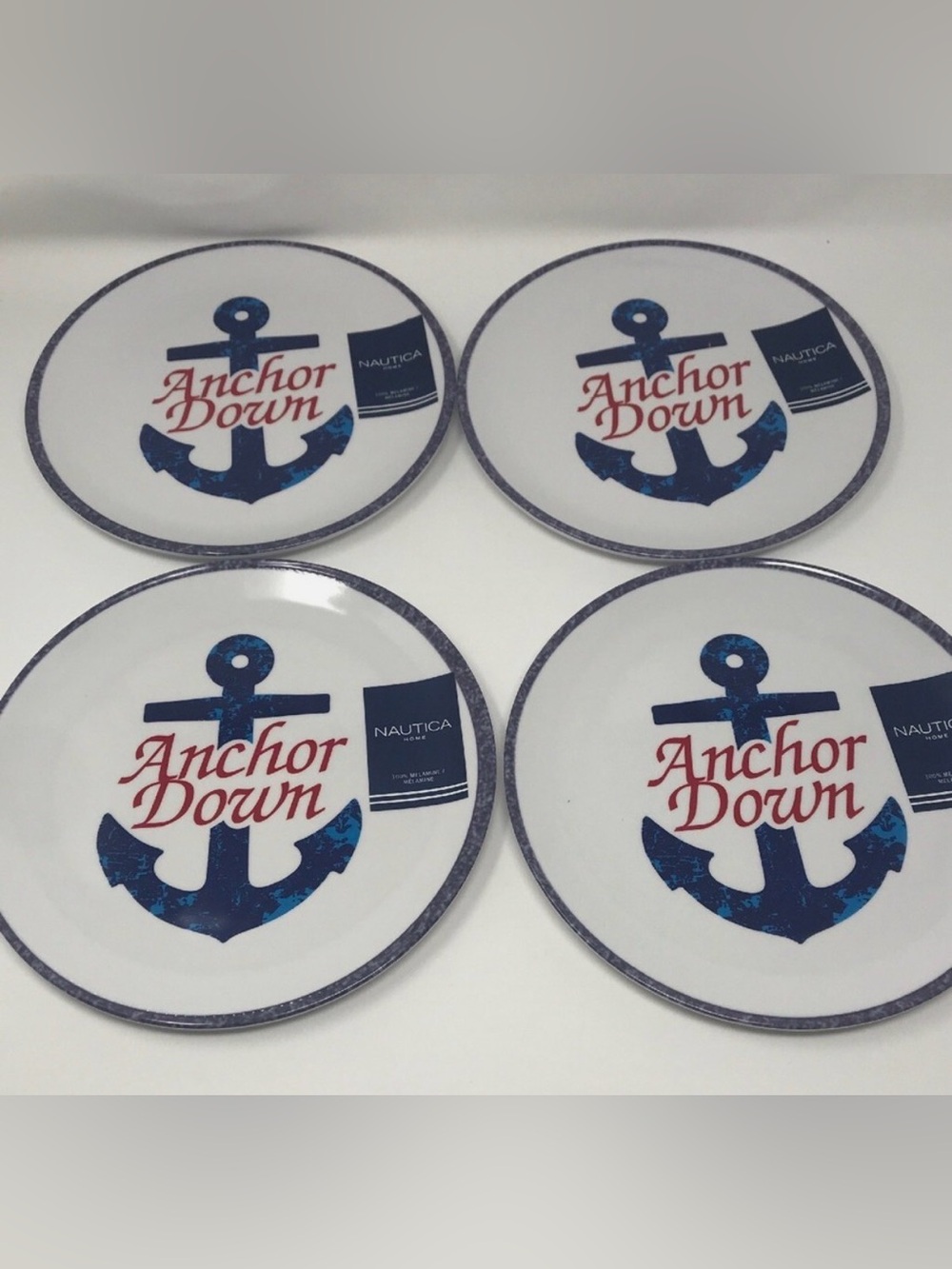 Nautica Melamine Accent Plates - Set of 4 - Nautical Anchor Down - 9" - New